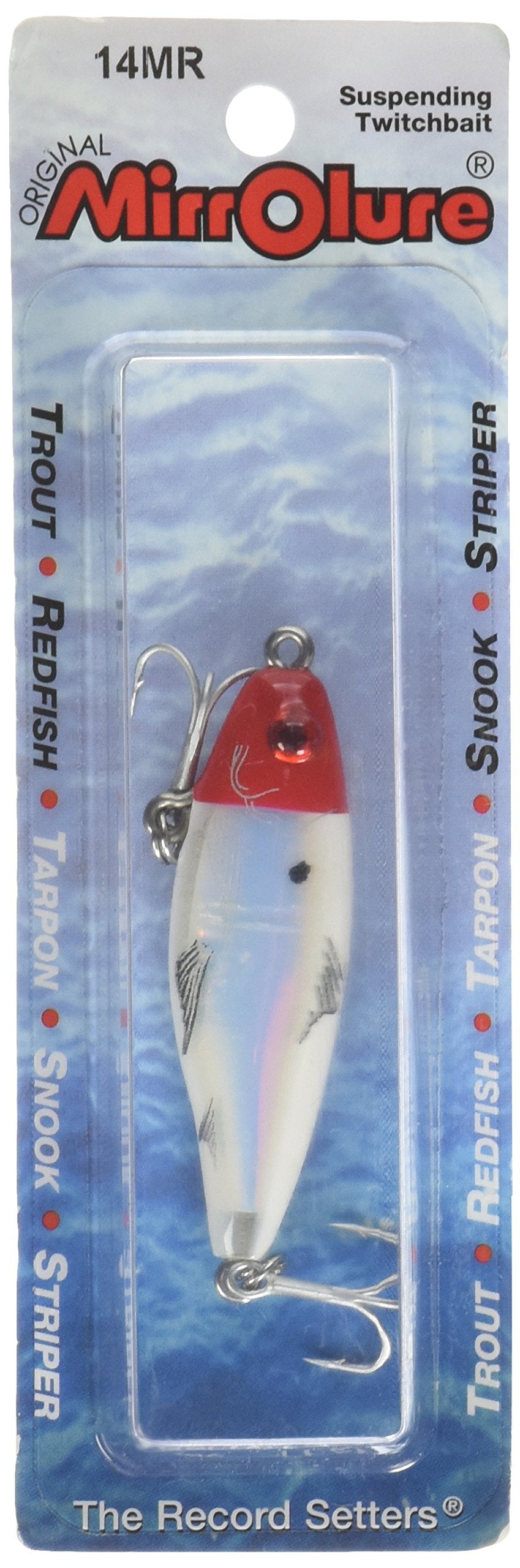 Mirrolure Mirrodine Mini Susp Twitchbait redhead with reflective inserts for visibility.