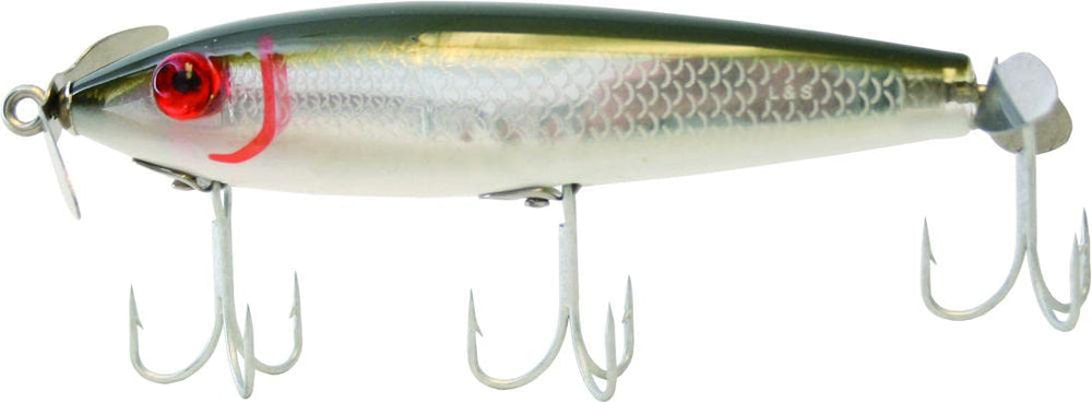 Close-up of Mirrolure 5M-18 prop bait showing finish and hook details, 3 5/8in, 1/2oz