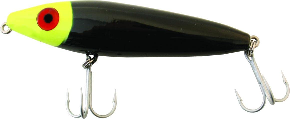 Mirrolure 83MR-NSCH She Dog surface walk lure with chartreuse head and black body.