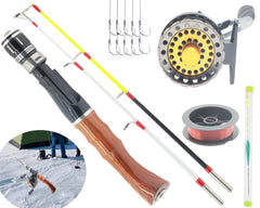 Mirrorever 19.7 inch ice fishing rod combo with round wheel reel for smooth ice casting.