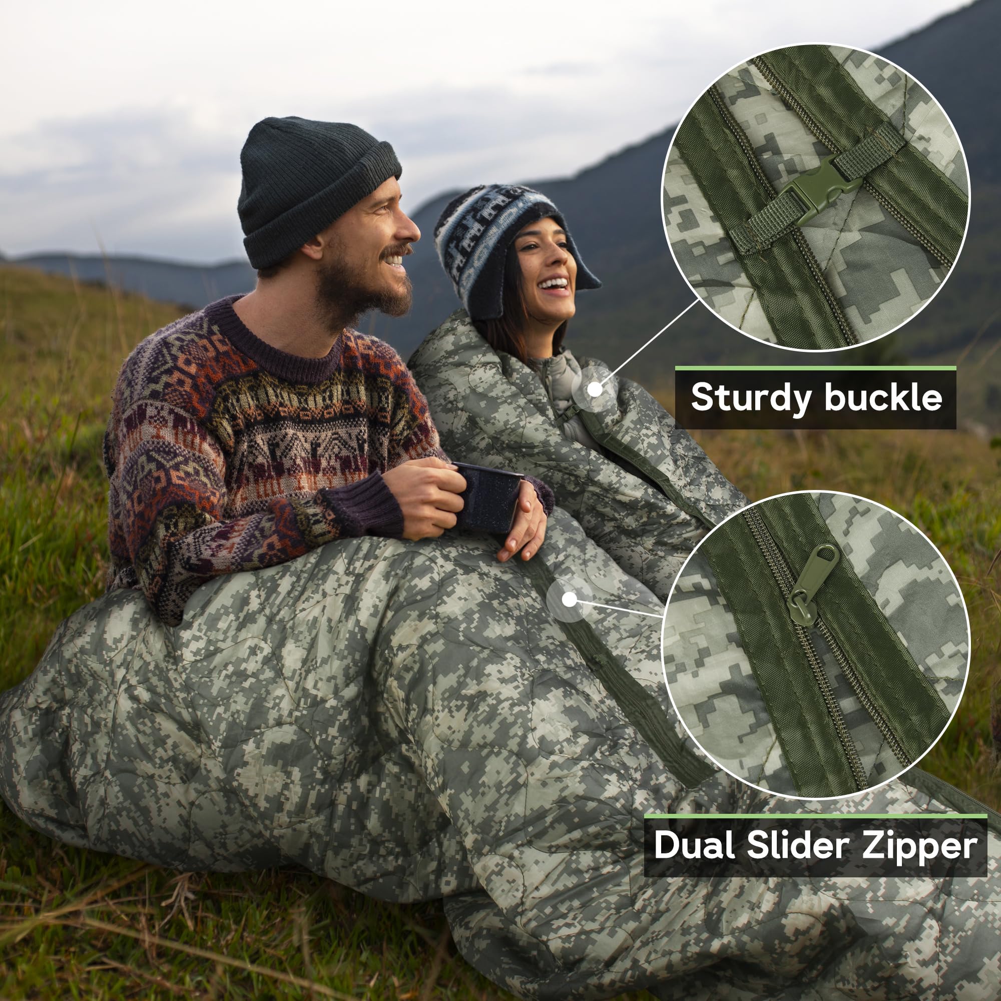 Mirzoyan Woobie Blanket double-sided camo enhances rugged outdoor aesthetics and concealment.