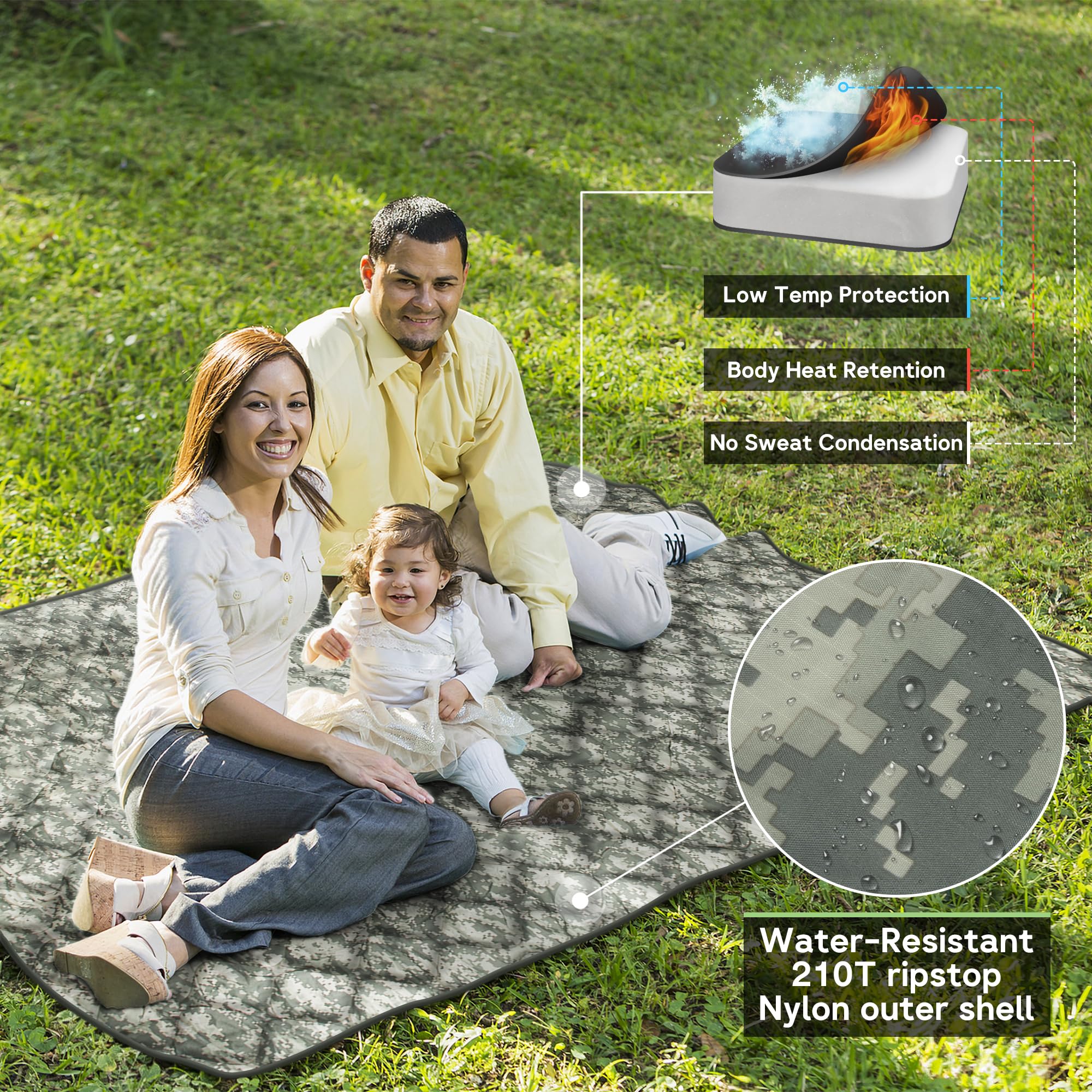 Mirzoyan Woobie Blanket with water-resistant fabric keeps you dry in damp outdoor moments.