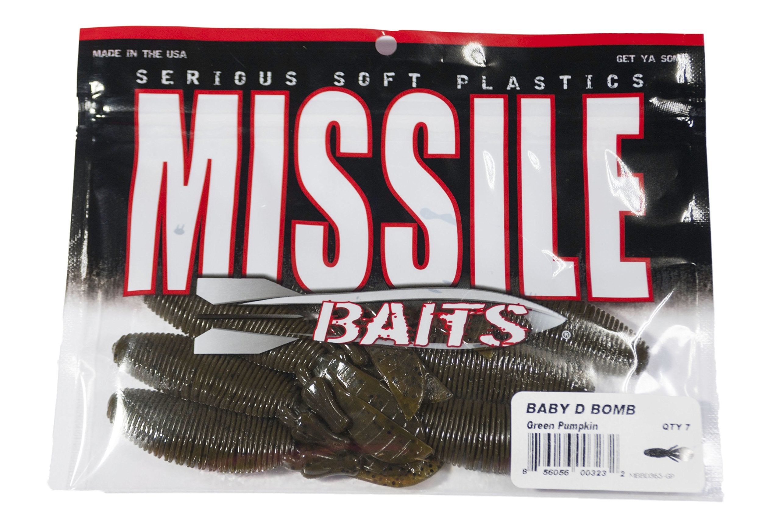 Missile Baits Baby D Bomb lure in green pumpkin, side shot, showcasing subtle tail action for drop shot