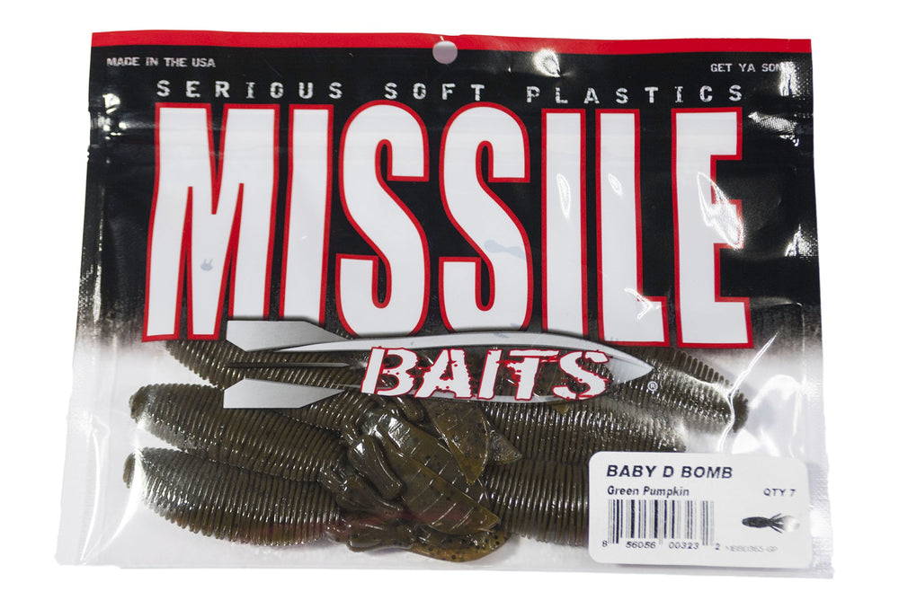 Missile Baits Baby D Bomb lure in green pumpkin, side shot, showcasing subtle tail action for drop shot