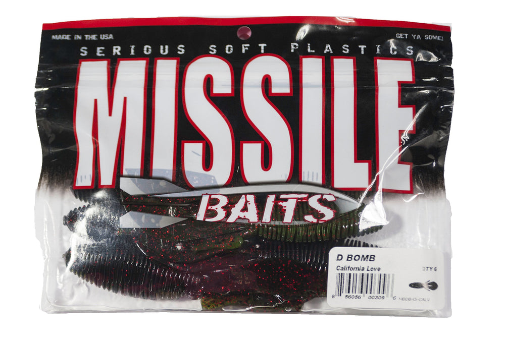 Missile Baits D Bomb California Love 4-5 inch ribbed body that flaps and sails for movement in cover.