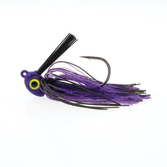 Missile Baits MJMSW316-JNBG mini swim jig Junebug close-up highlighting flat chunk body for skip and flair.