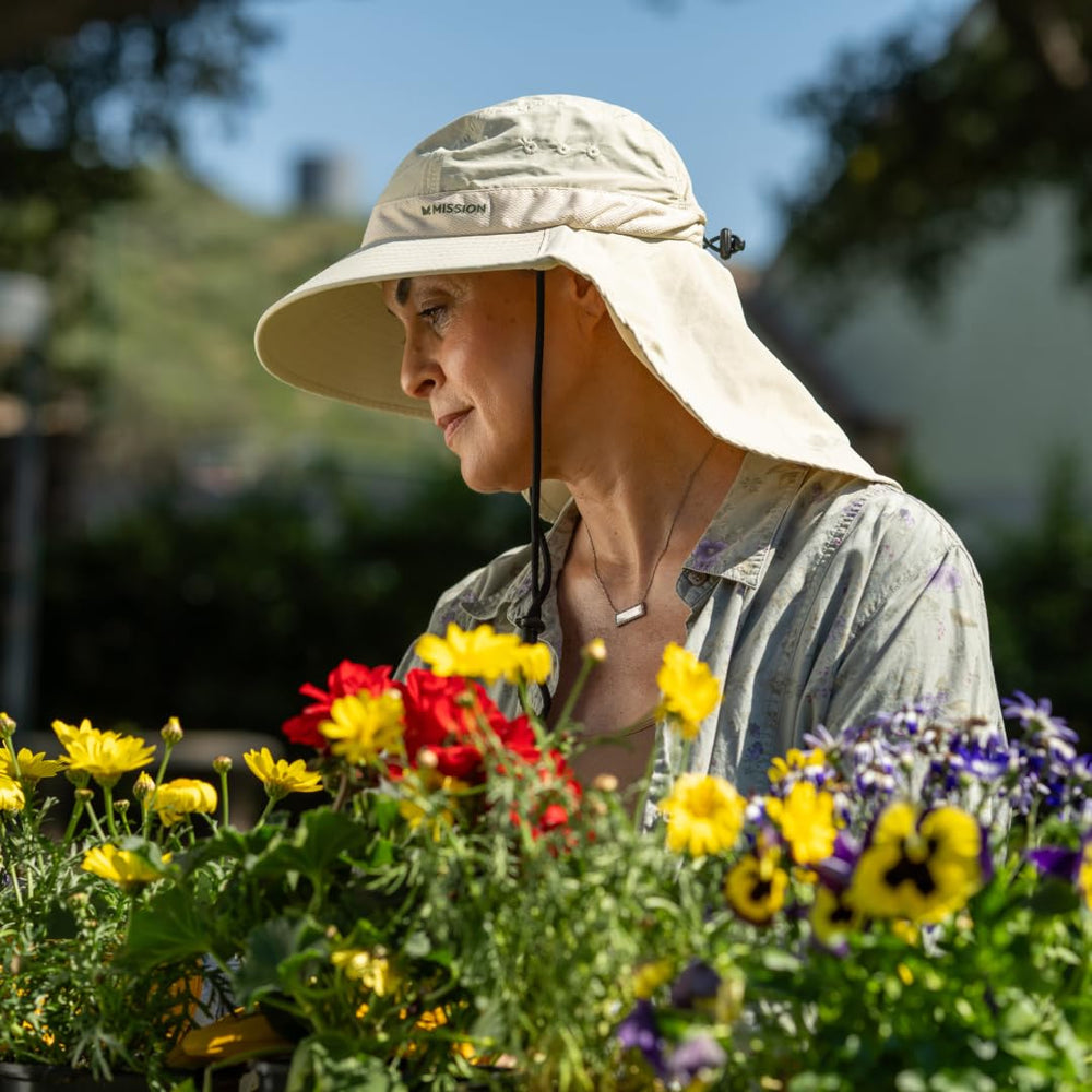MISSION hat neck coverage helps protect the nape while gardening or hiking
