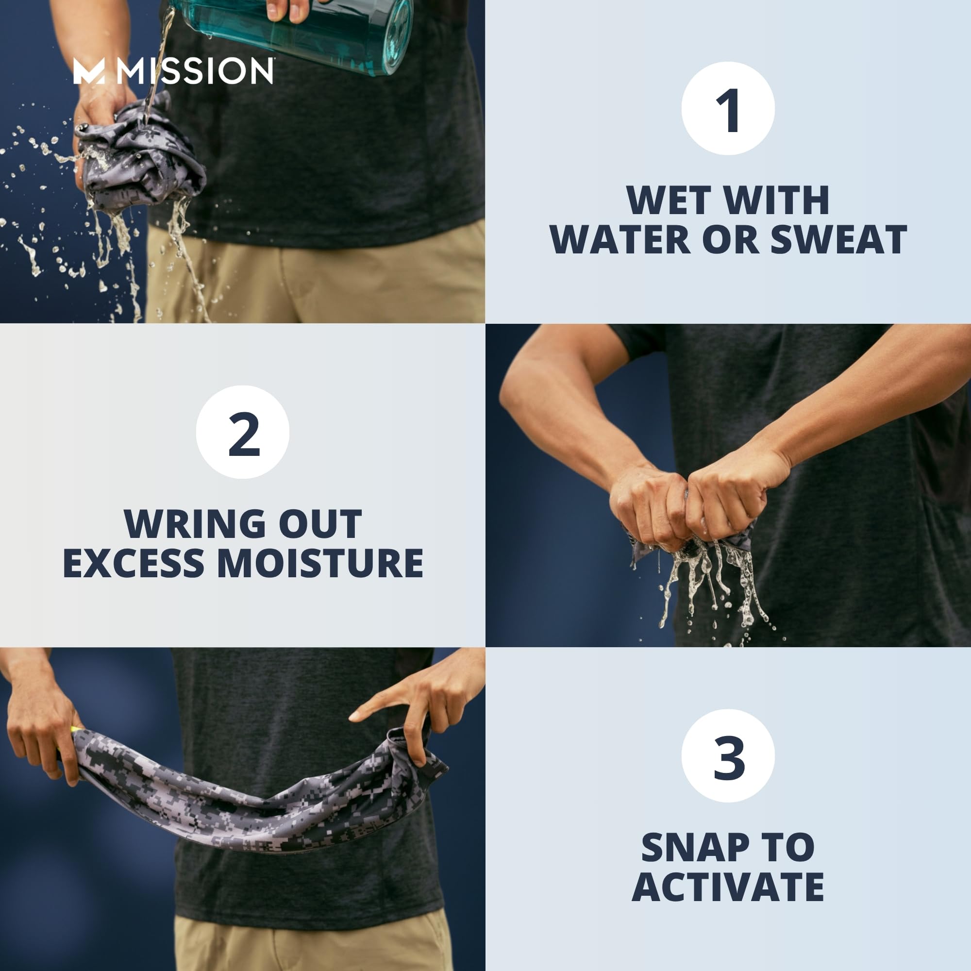 MISSION cooling towel wet-wring-wave activation enables quick refresh