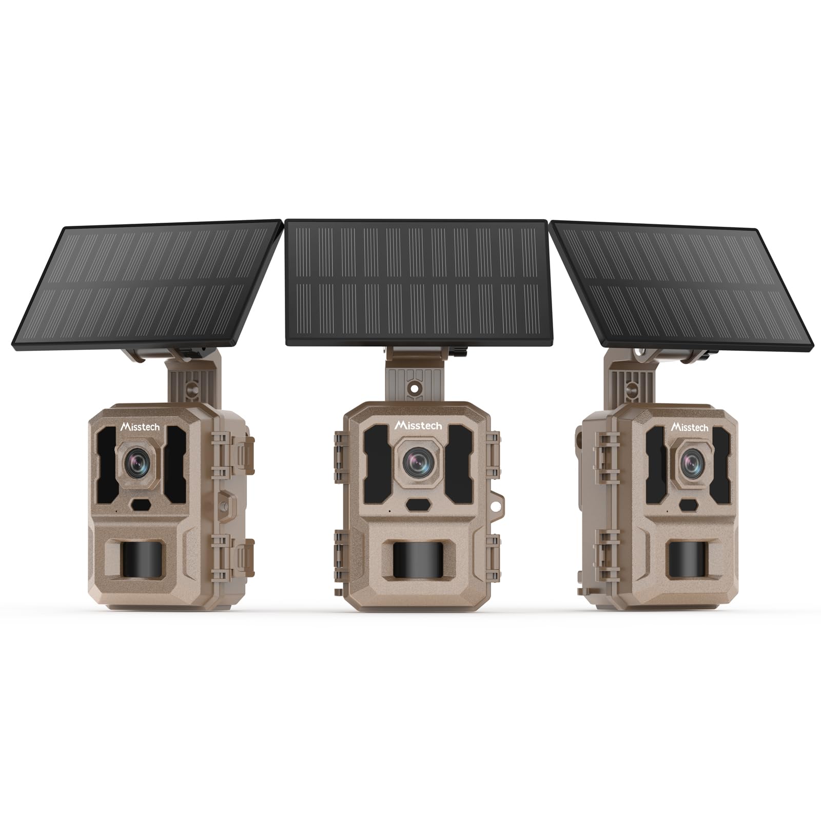 Misstech 4K UHD solar trail camera front view shows sturdy off-grid setup.