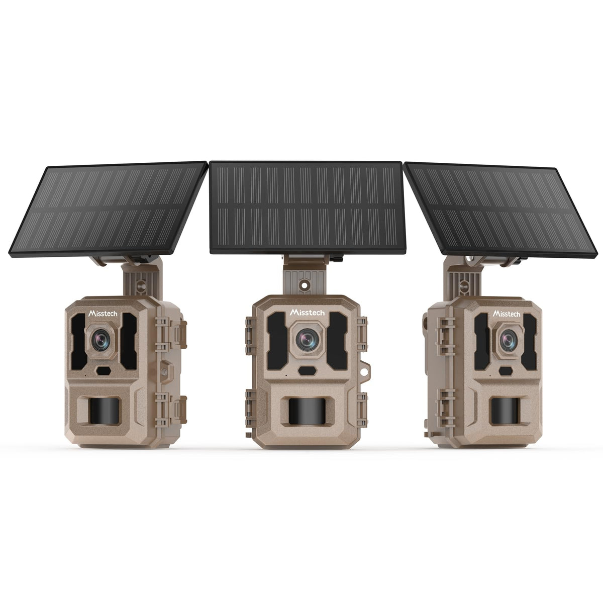 Misstech 4K UHD solar trail camera front view shows sturdy off-grid setup.