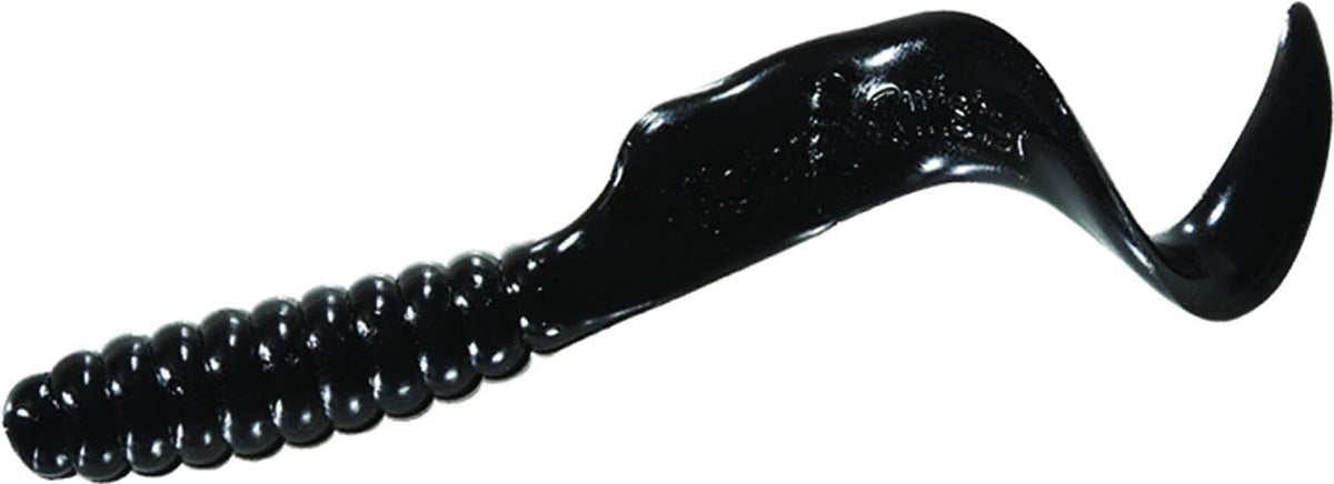Mister Twister 4in Curly Tail Grub in black, ready to attract bass.