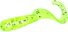 Mister Twister Lil Bit hook close-up with chartreuse-silver color for stronger attraction.