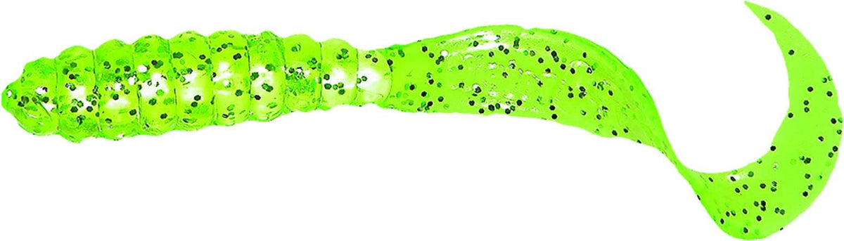Mister Twister Teenie 2-inch chartreuse-silver tail lure ready for freshwater action