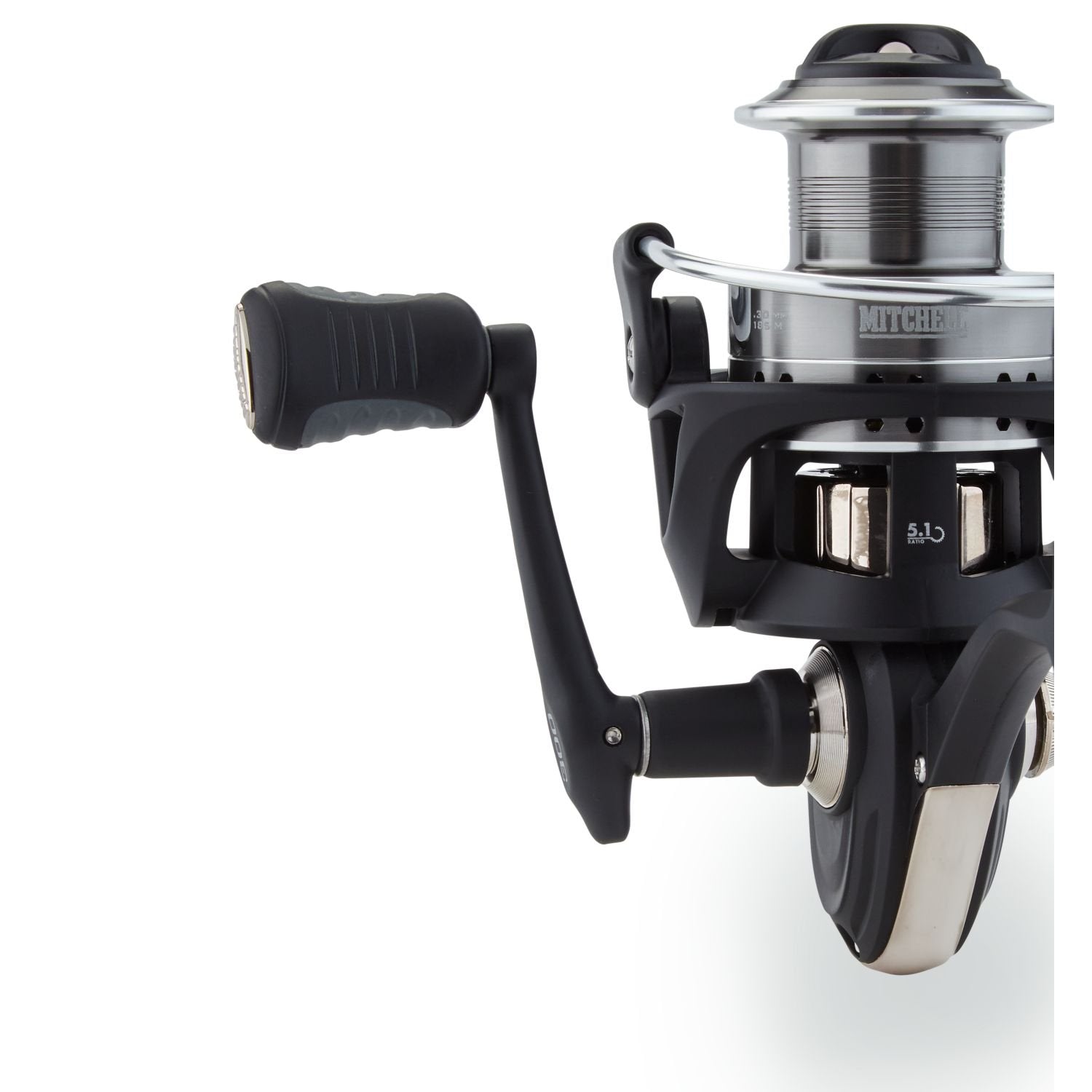 Mitchell 300 spinning reel durable handle for secure grip during retrieves