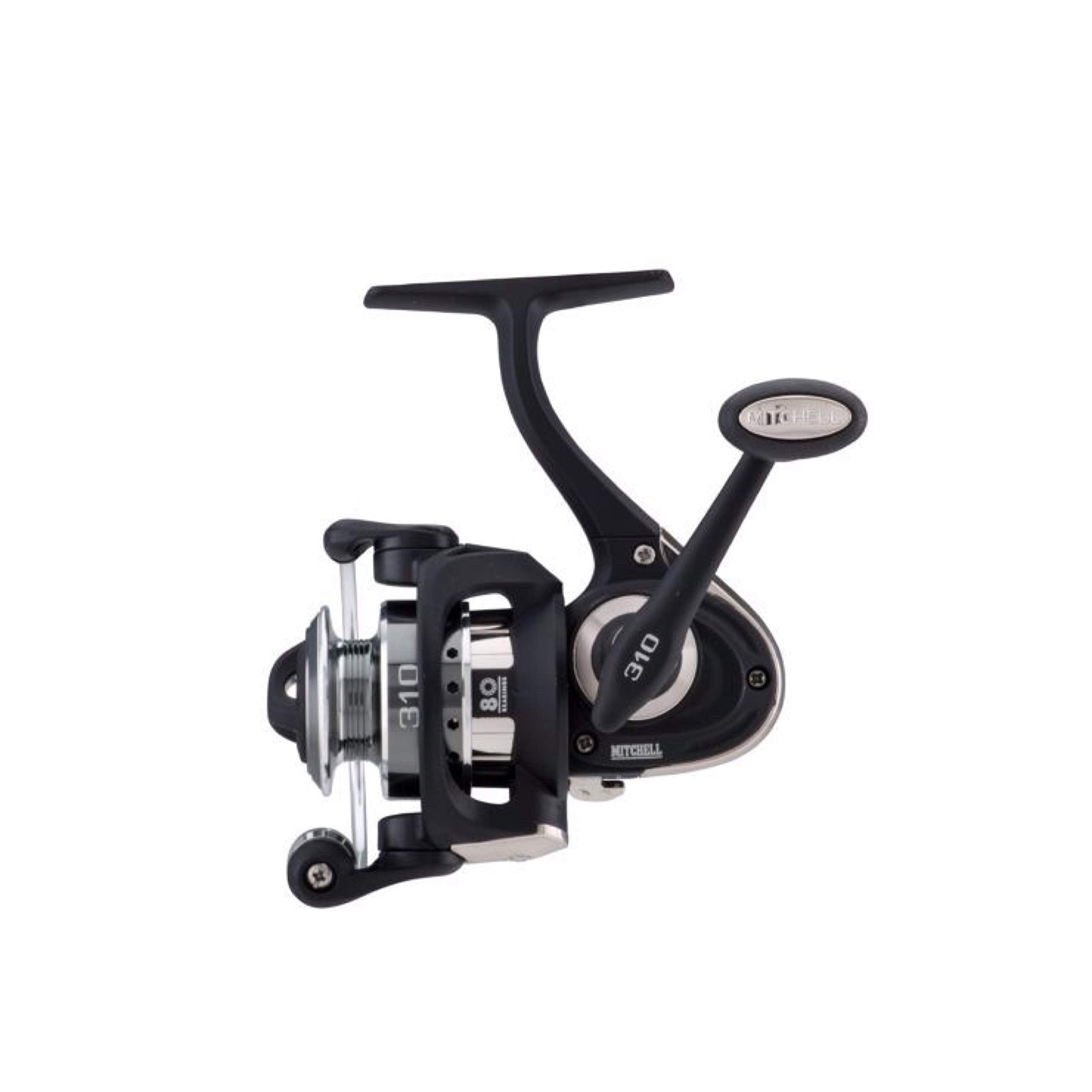 Mitchell 310 spinning reel aluminum spool and handle enhance rigidity for tough conditions.