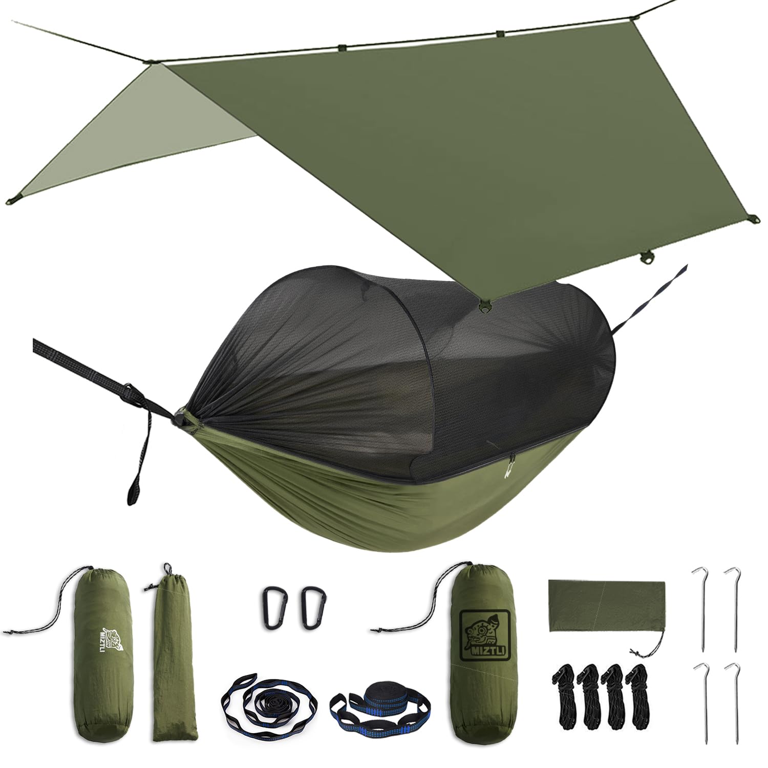MIZTLI camping hammock net visible, offering tent-like shelter with breathable protection.