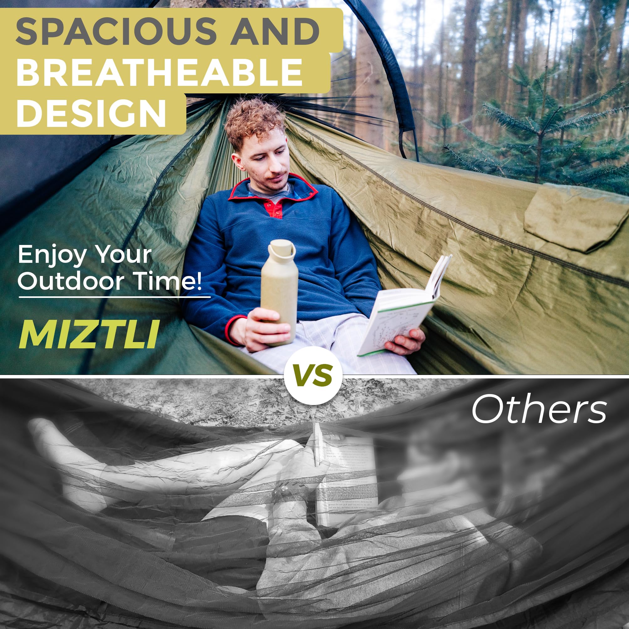 MIZTLI camping hammock parachute nylon fabric delivers durability and quick-drying performance.