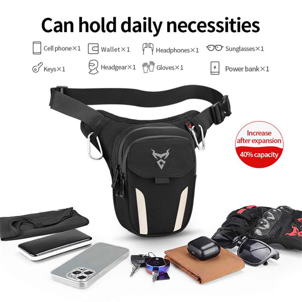 MJMoto leg bag worn during motorbike ride for hands-free storage