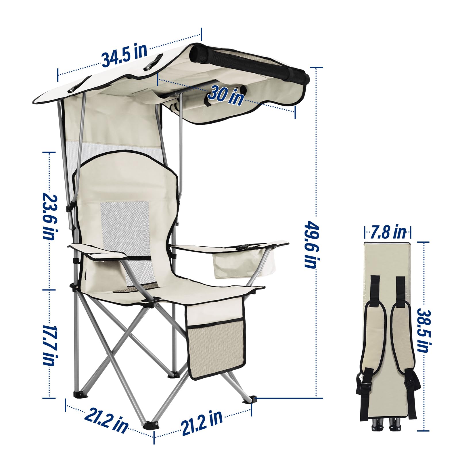 MKSY Beach Chair with Shade back flap view reveals rear shade and airflow.