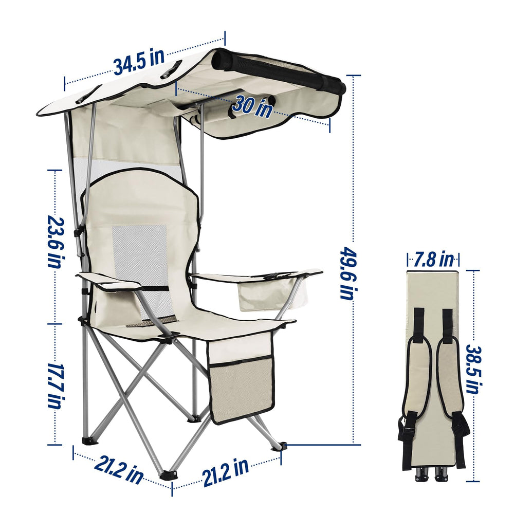 MKSY Beach Chair with Shade back flap view reveals rear shade and airflow.