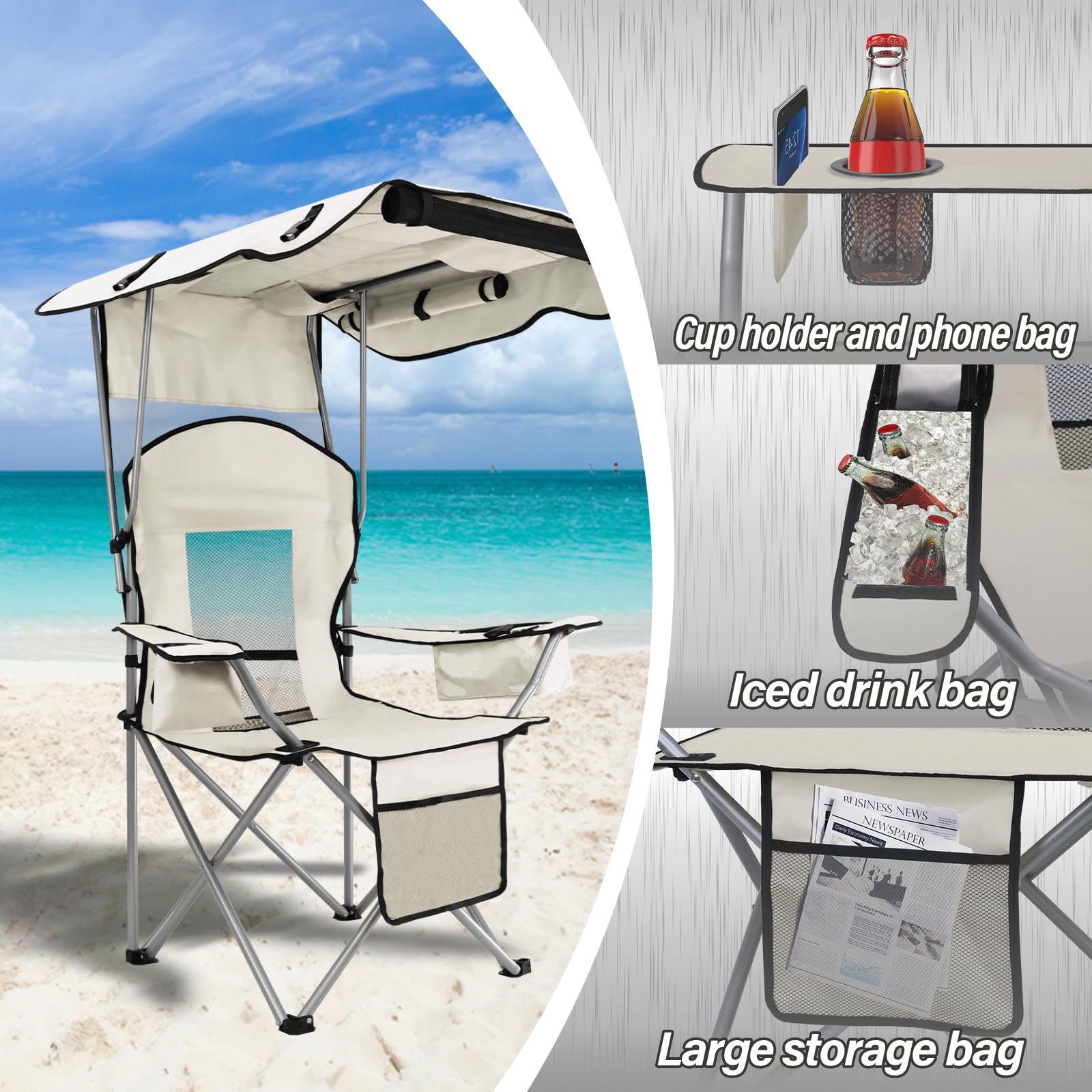 MKSY Beach Chair with Shade folded into carry bag demonstrates easy portability.
