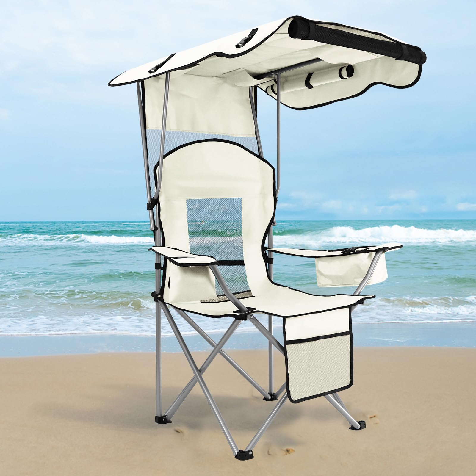 MKSY Beach Chair with Shade folded for travel shows compact storage.