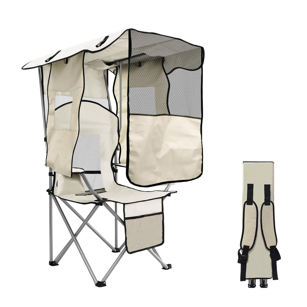 MKSY Beach Chair with Shade front view offers sun protection for outdoors comfort.