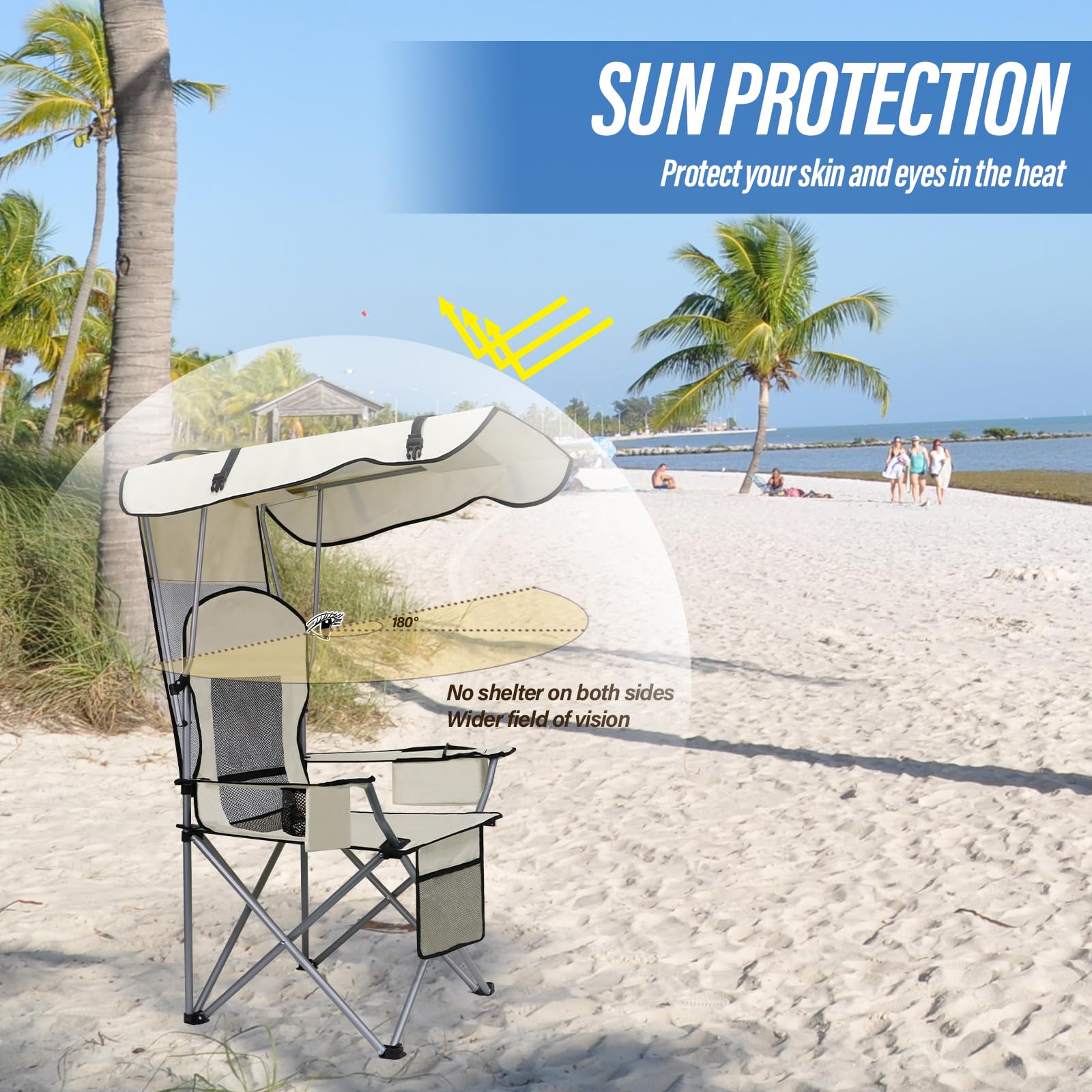 MKSY Beach Chair with Shade in-use by the lake shows versatility for camping and beach trips.