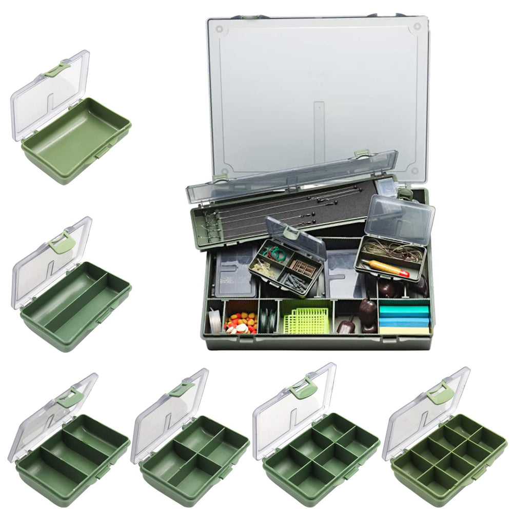 Mllepjdh tackle box shows six sub-boxes with adjustable dividers for carp gear organization.