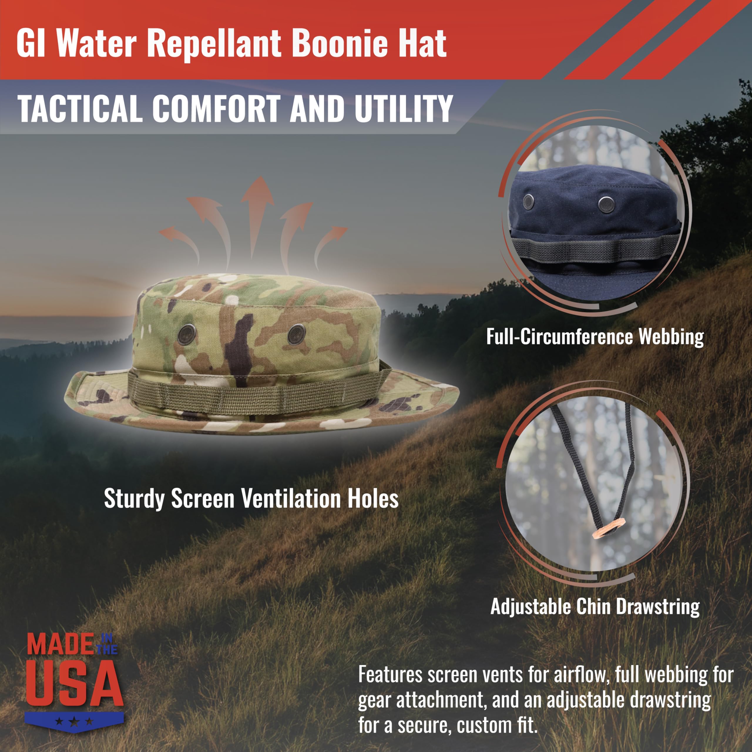 M MCGUIRE GEAR boonie hat navy digital top view highlights full-circumference webbing for gear attachment.
