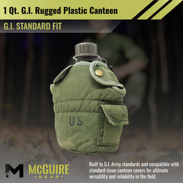 M MCGUIRE GEAR canteen carried in a backpack for travel readiness.