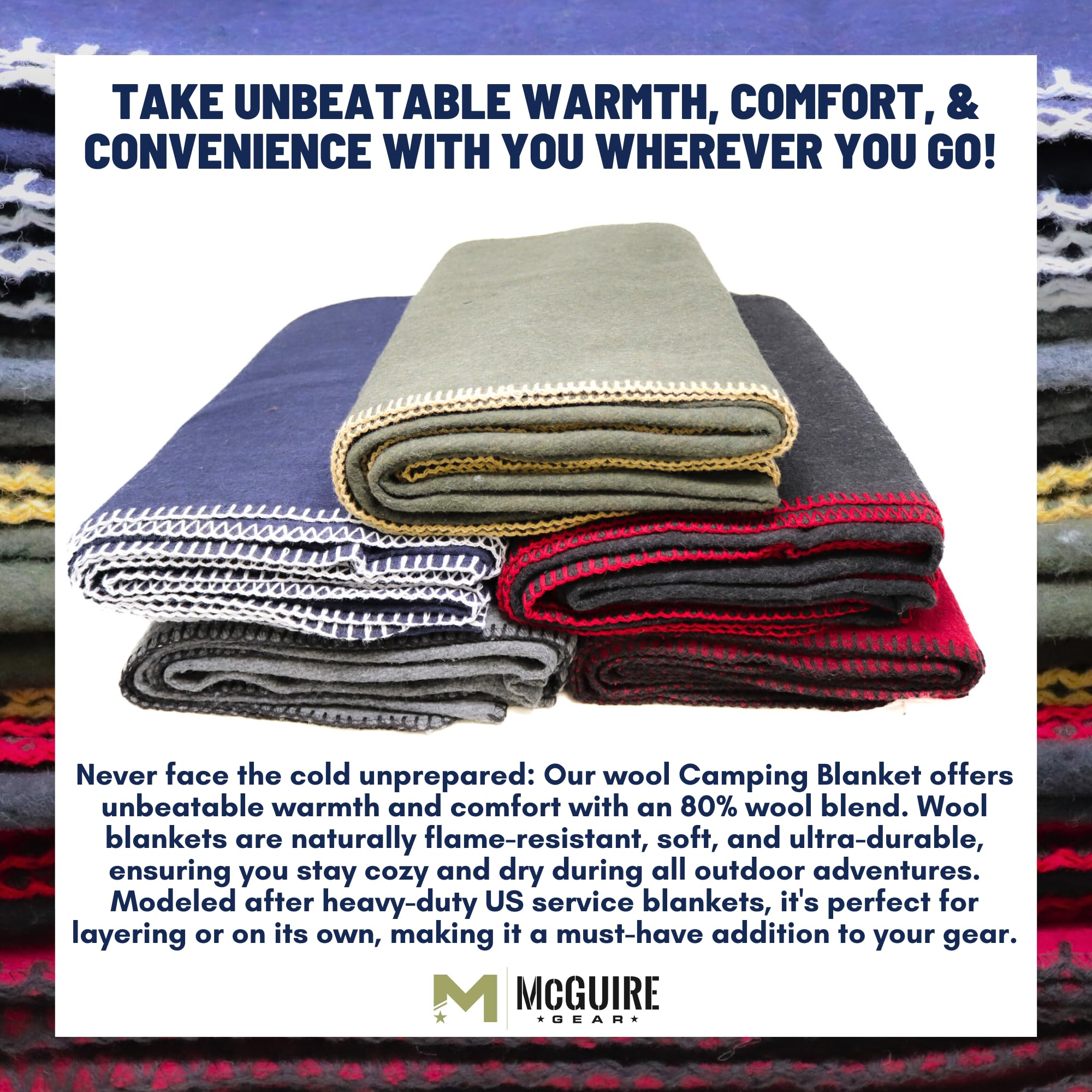M MCGUIRE GEAR fire-retardant wool blanket boosts warmth with travel-ready design.