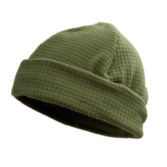 M McGuire Gear grid fleece cap rolled for compact packing on the trail.