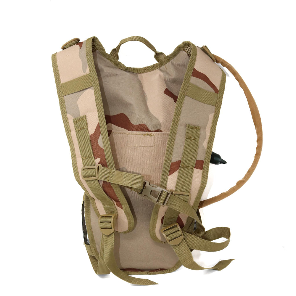 M MCGUIRE GEAR hydration backpack side view with MOLLE straps for secure gear on adventures.