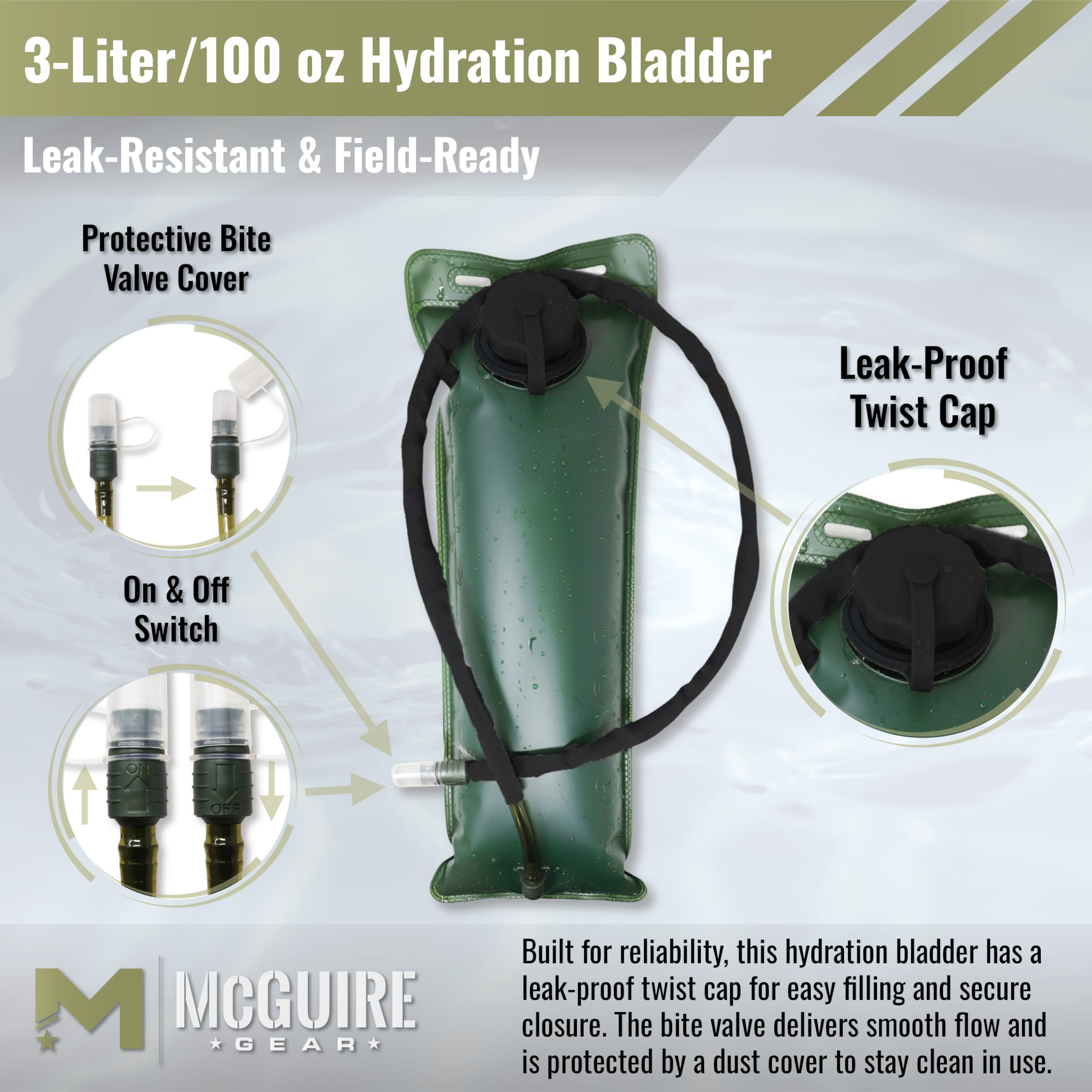 M MCGUIRE GEAR hydration bladder wide opening for easy cleaning and fast refills.