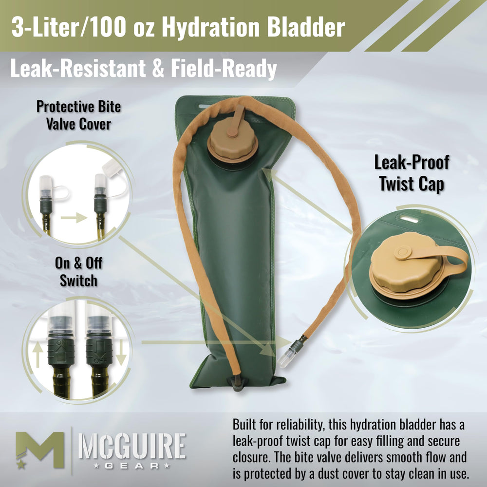 M MCGUIRE GEAR hydration bladder with wide-mouth opening for easy filling and cleaning.