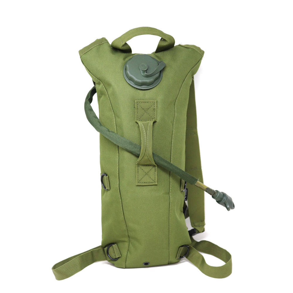 M MCGUIRE GEAR hydration pack front view in olive drab, ready for hiking.
