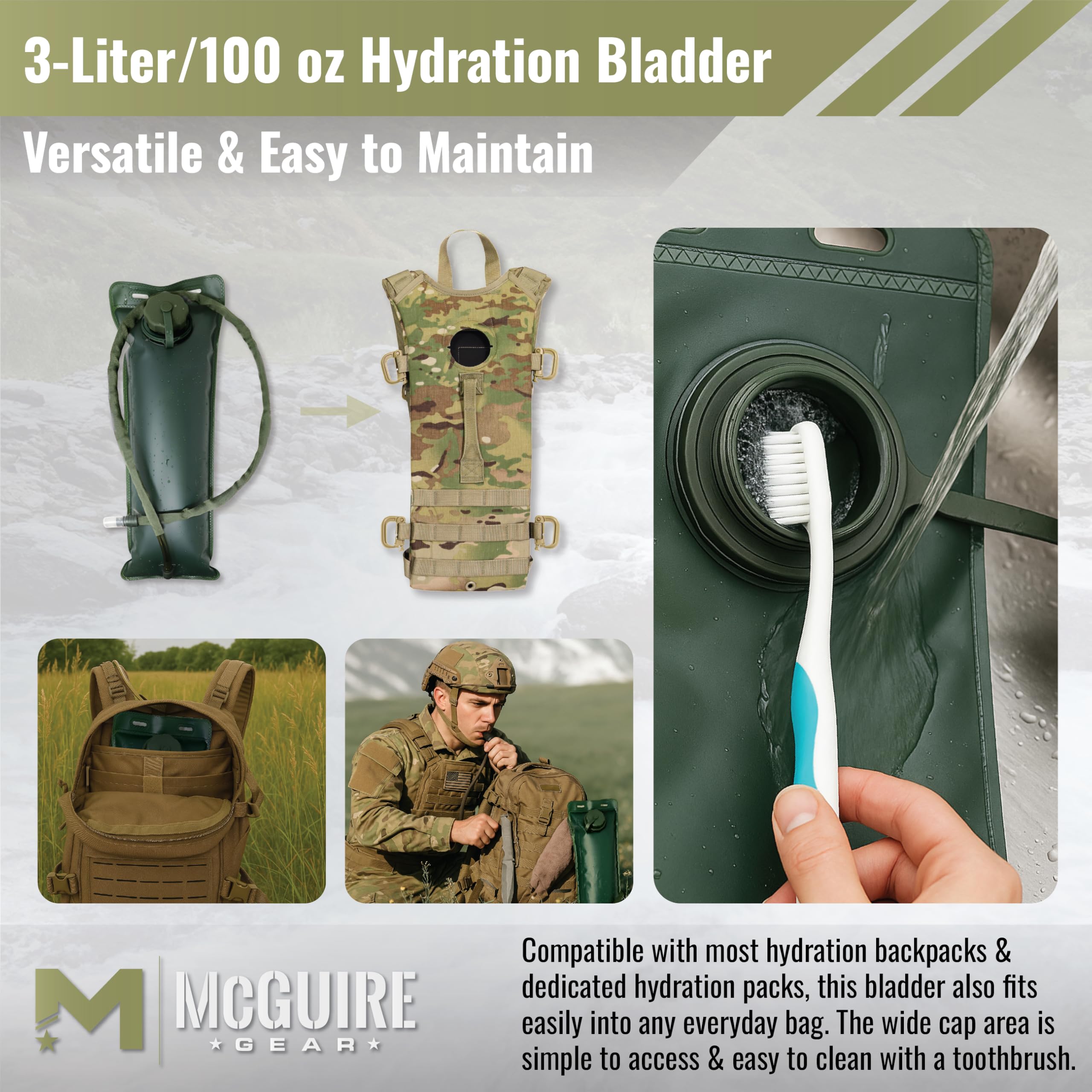 M MCGUIRE GEAR hydration bladder with on/off valve for controlled flow.