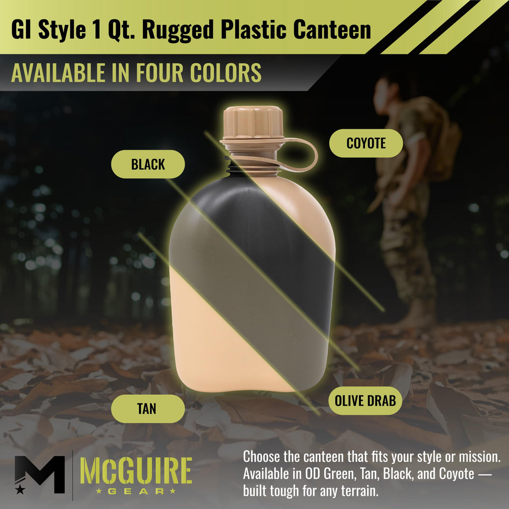 M MCGUIRE GEAR polyethylene body highlights lightweight, durable field-use canteen.