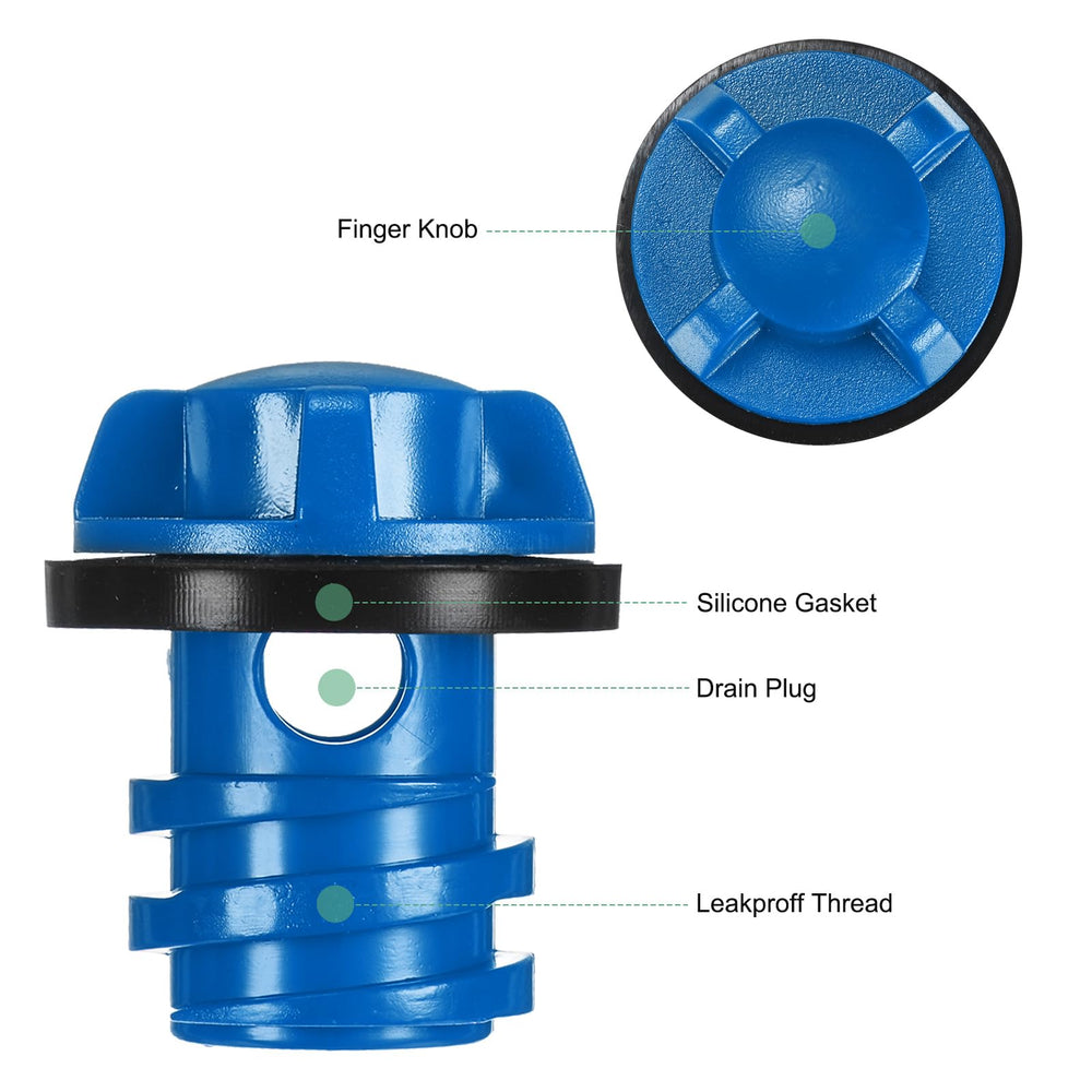 MMETERXITY cooler drain plug blue side view highlights thumb-turn for partial drain without full disassembly