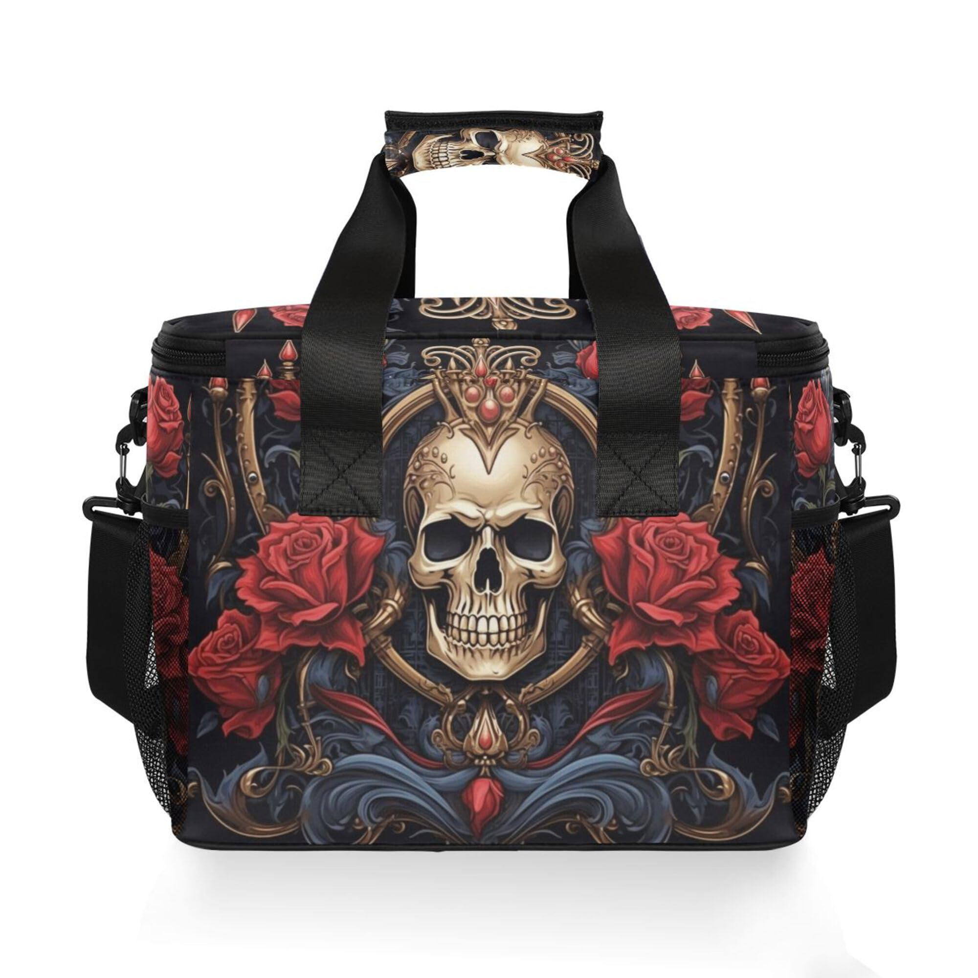 MNSRUU Gothic Skull Rose cooler bag at the beach, keeping drinks cold.
