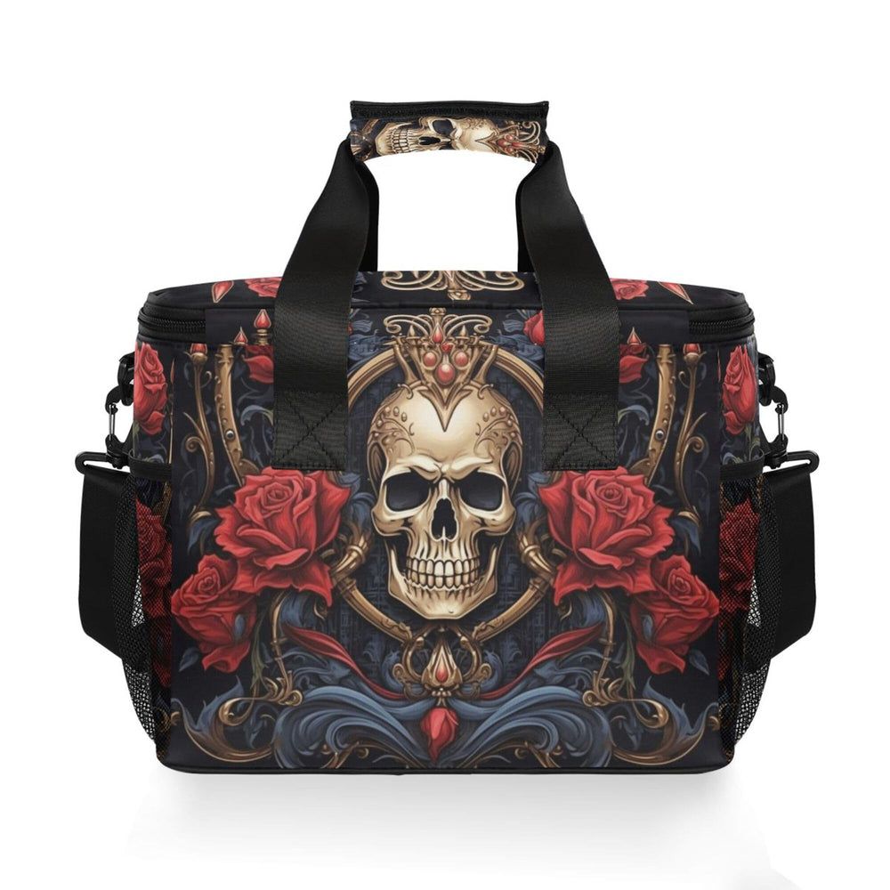 MNSRUU Gothic Skull Rose cooler bag at the beach, keeping drinks cold.