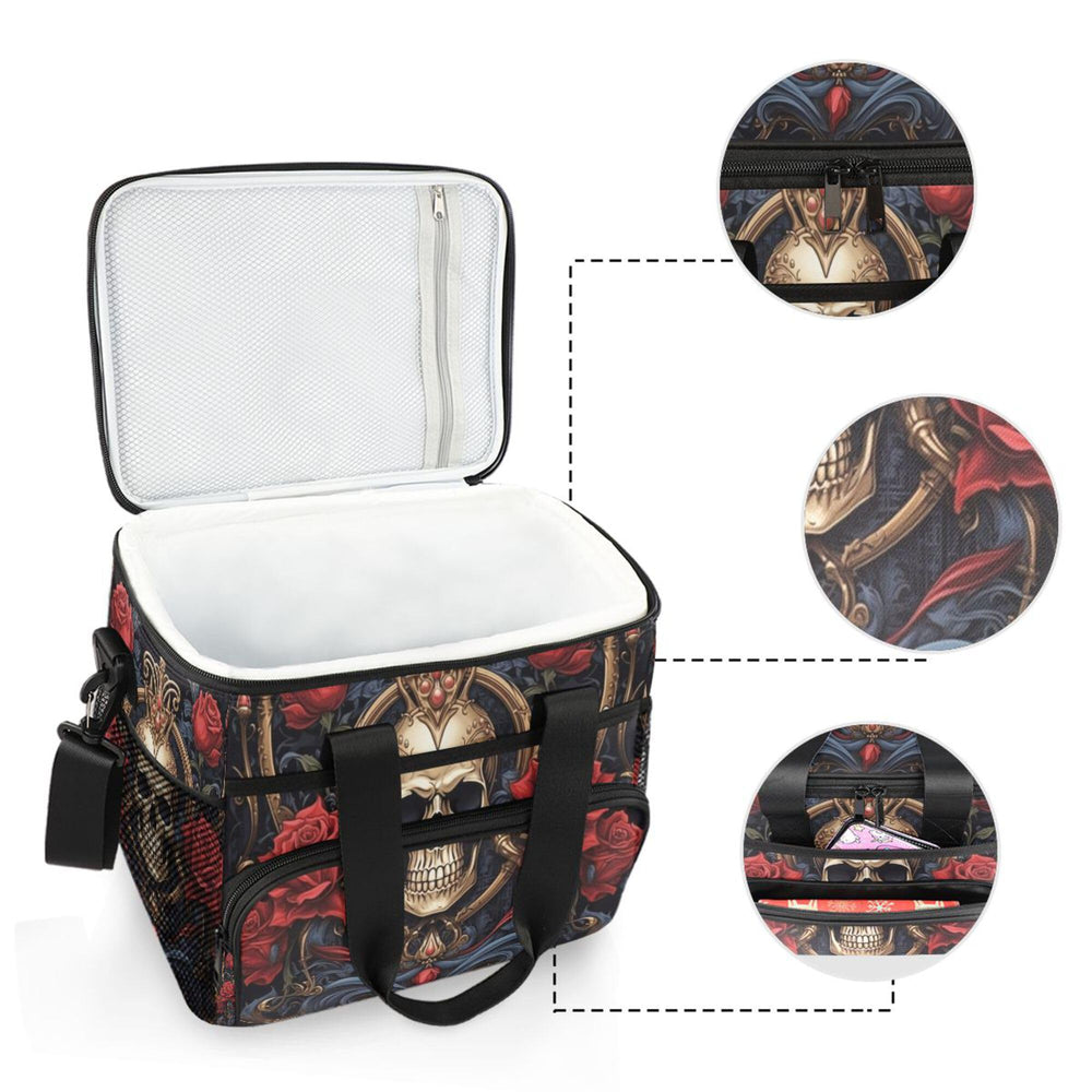 MNSRUU Gothic Skull Rose cooler bag showing multiple pockets for utensils and snacks.