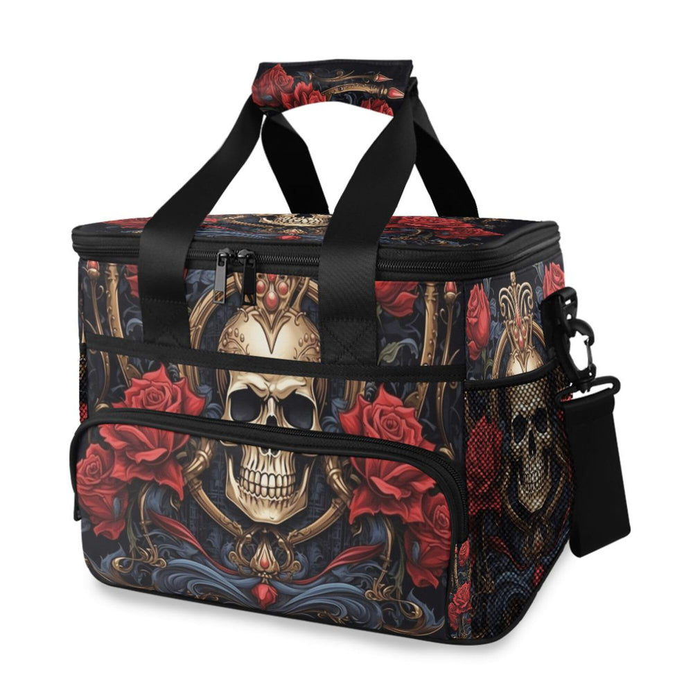 MNSRUU Gothic Skull Rose cooler bag, front view, stylish insulated lunch tote for on-the-go use.