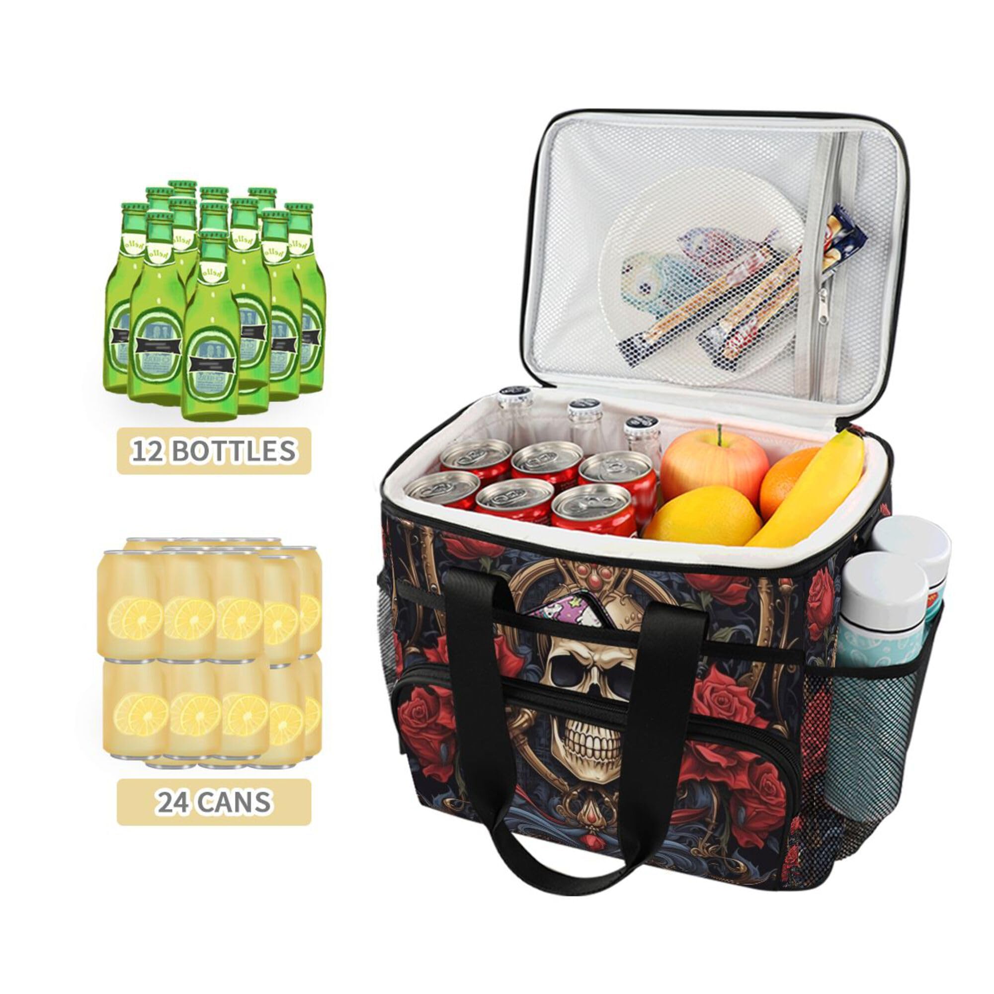 MNSRUU Gothic Skull Rose cooler bag, side view with adjustable strap for easy carrying.