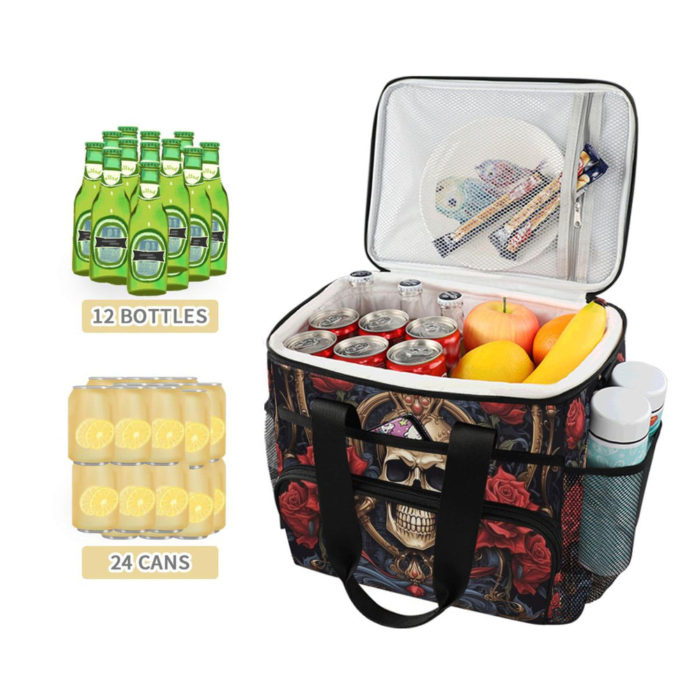 MNSRUU Gothic Skull Rose cooler bag, side view with adjustable strap for easy carrying.
