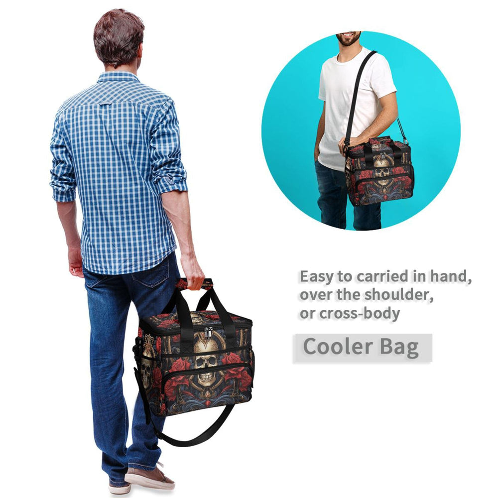 MNSRUU Gothic Skull Rose cooler bag with padded handles for comfortable transport.