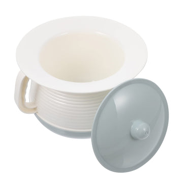 Mobestech chamber pot with blue lid for easy travel and odor control.