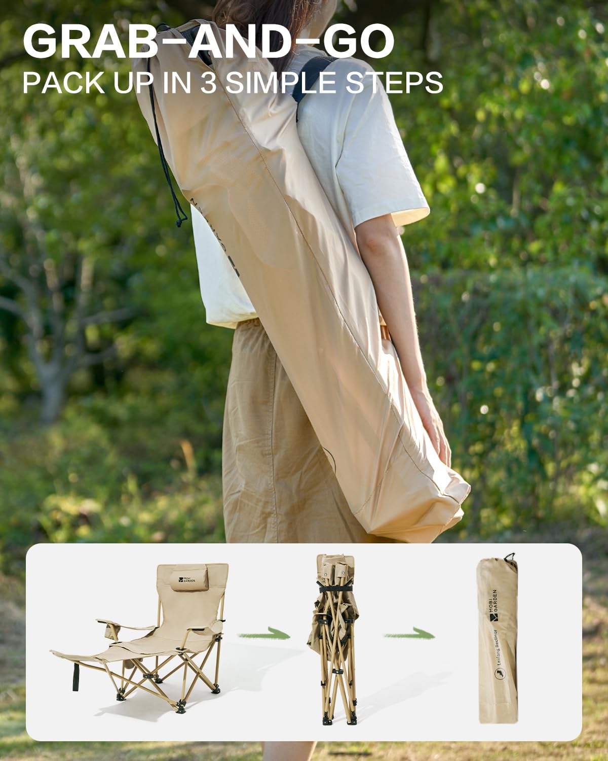 MOBI GARDEN anti-slip feet improve stability on sand and grass.