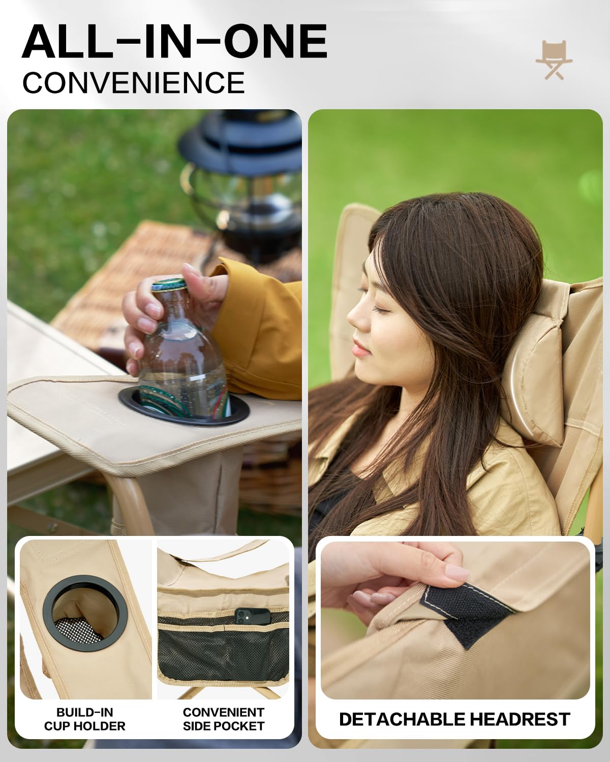 MOBI GARDEN cup holder and side pocket keep essentials close.